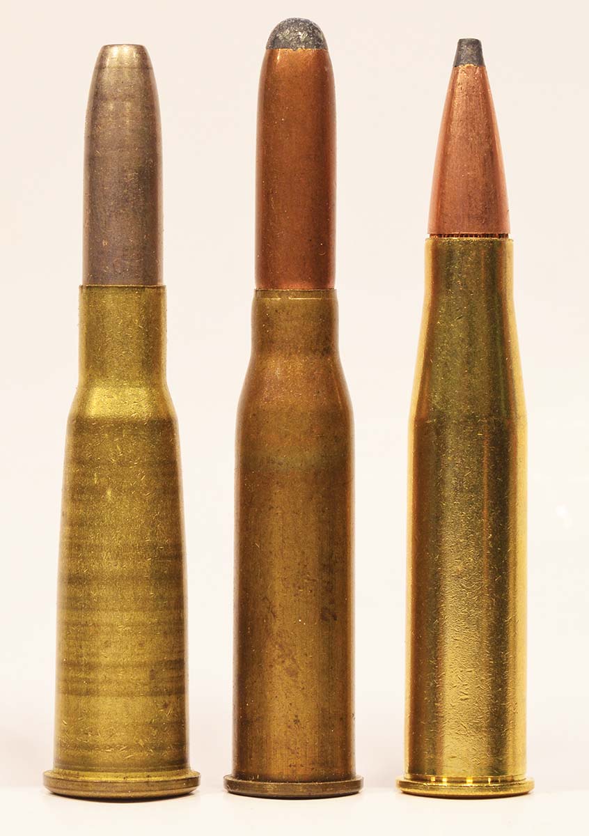 Comparable military cartridges (left to right): 8mm Lebel, 8x50R Austrian and the later 8x56R Hungarian.